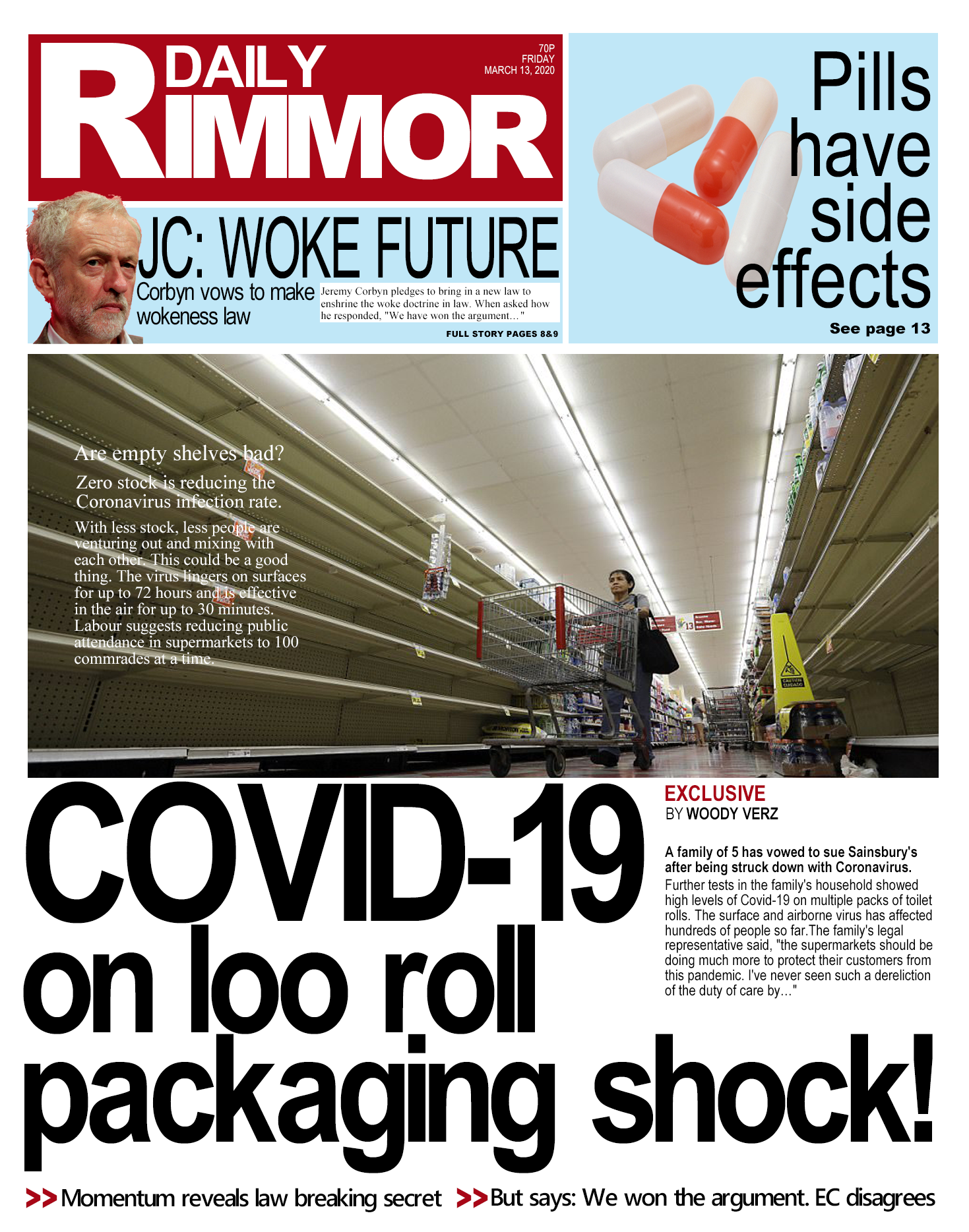 Daily Rimmor front page. COVID-19, Friday 13th March