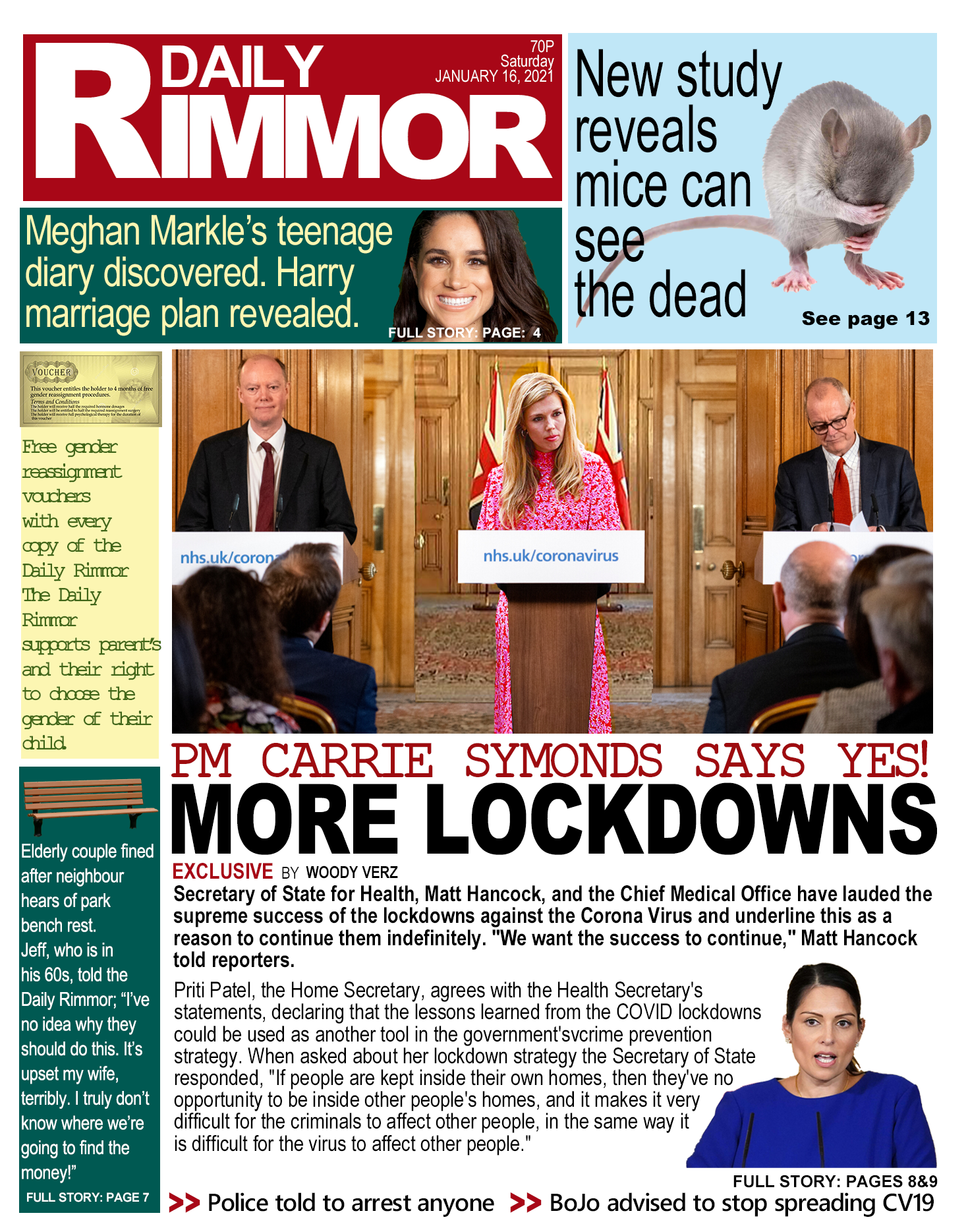 Daily Rimmor front page. COVID-19, Saturday 16 January