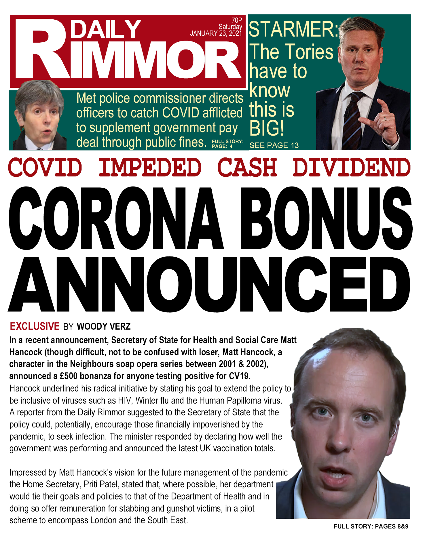 Daily Rimmor front page. COVID-19, Saturday 23th January