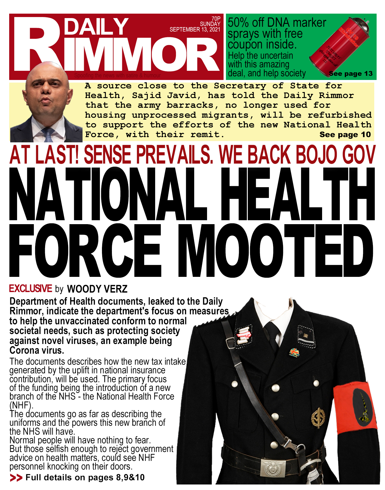 Daily Rimmor front page. COVID-19, Monday 13 September