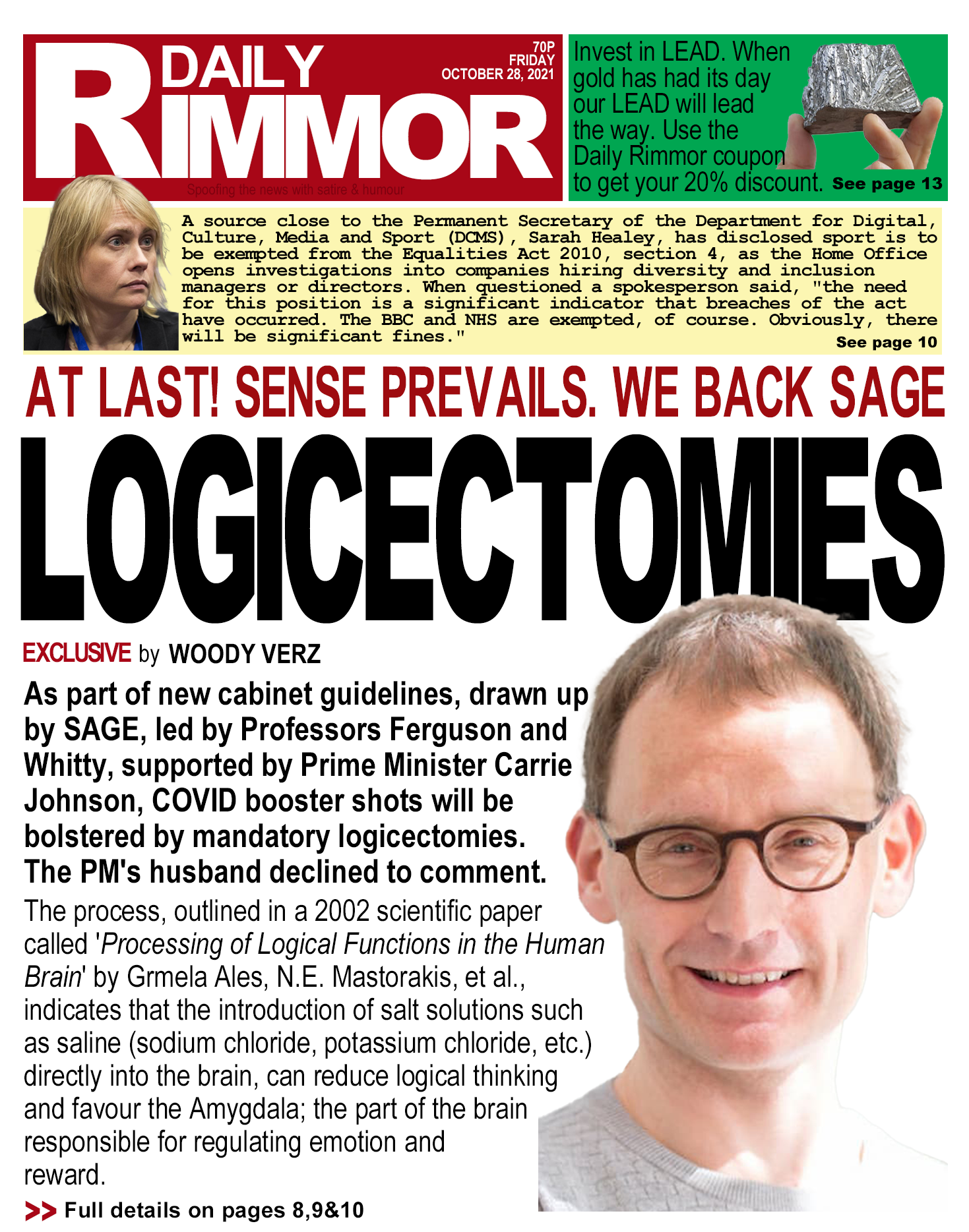 Daily Rimmor front page. COVID-19, Thursday 28 October