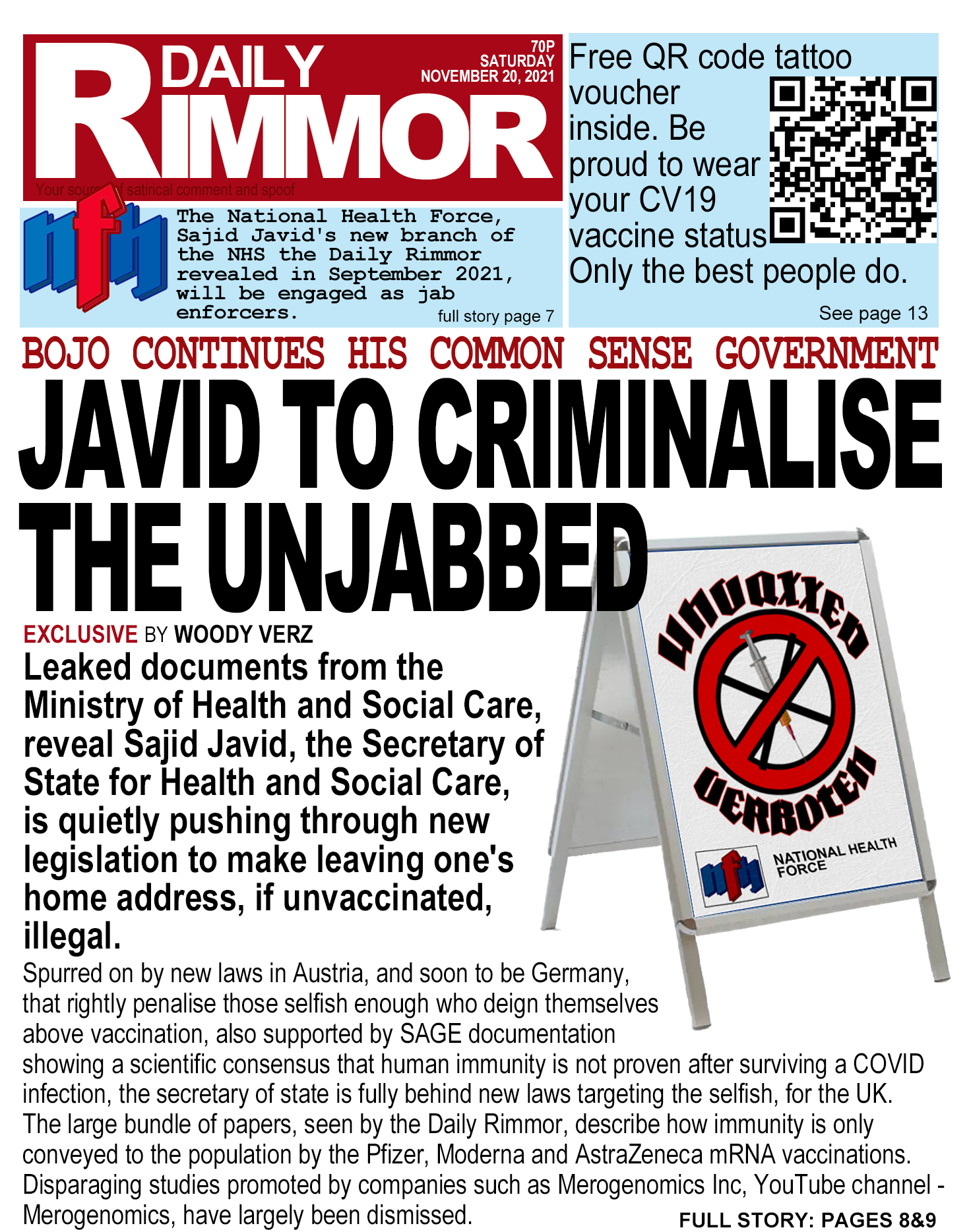 Daily Rimmor front page. COVID-19, Saturday 20 November